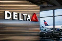 Delta Air Lines logo on a sleek airport terminal wall with aircraft visible outside